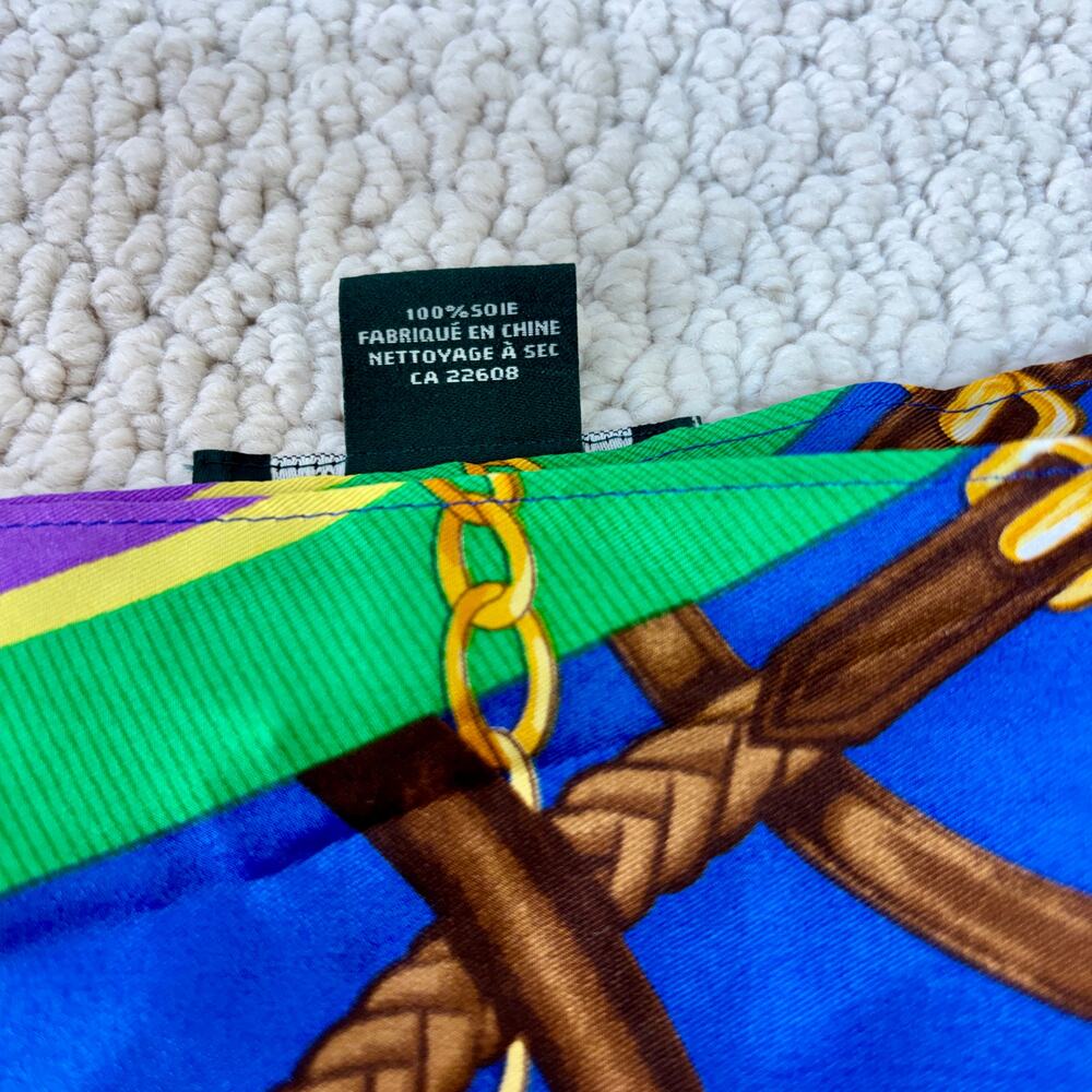 100% Silk Lauren Ralph Lauren Equestrian Scarf 12" x 53" Bridles Saddles Chains - Picture 3 of 4